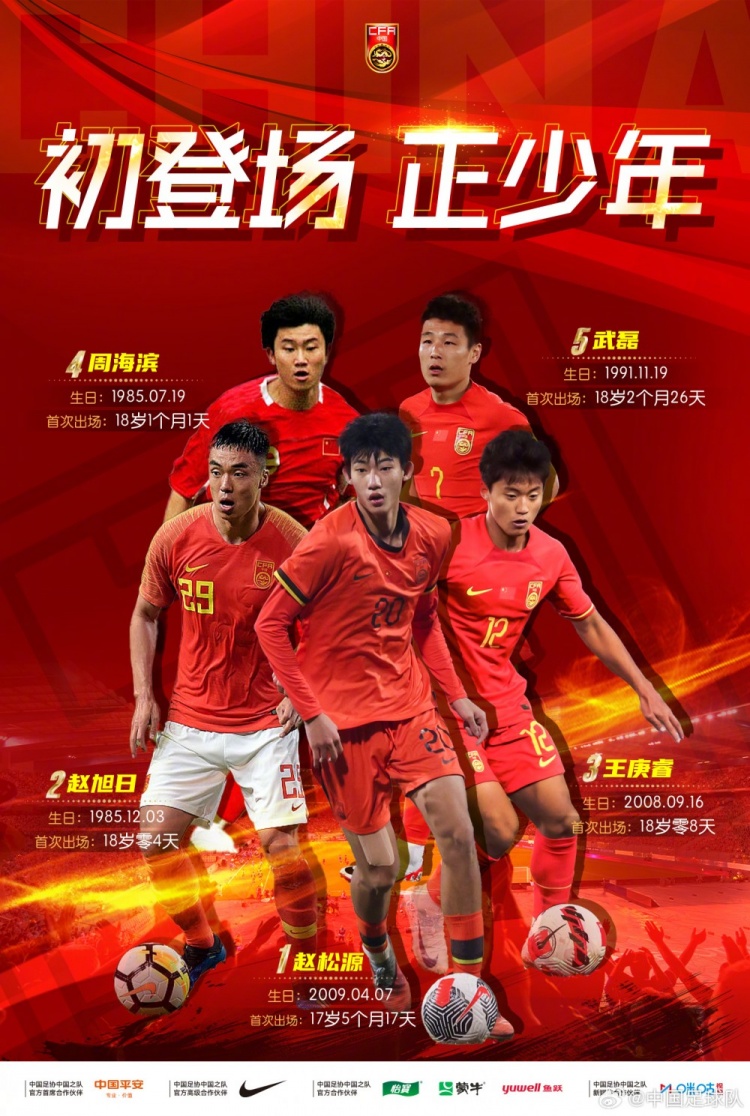 初登场，正少年！赵松源创造国足最年轻出场纪录！王庚睿名列第三